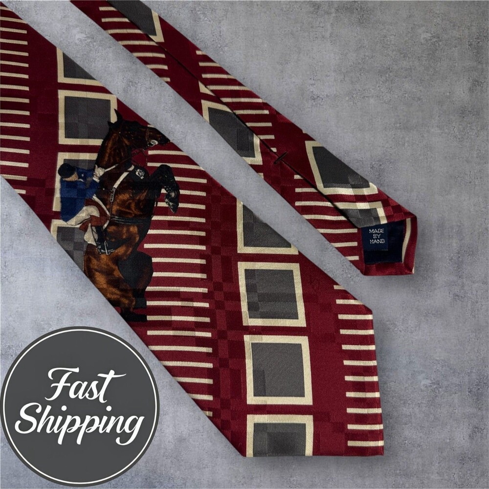 Polo Ralph Lauren Vintage Silk Tie Hand Made Red Blue Cream Geometric Pony